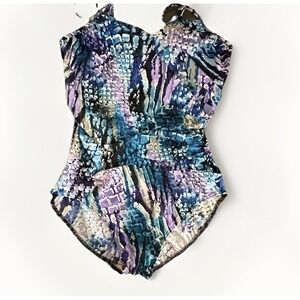 Miraclesuit Ruched Swimsuit Blue Purple Abstract Slimming Tummy Control size 6/8